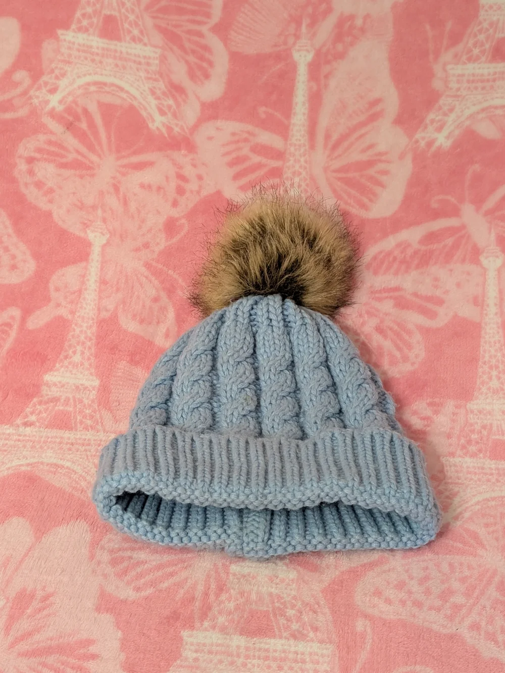 Simplicity Kids Cable Knit Beanie with Faux Fur Pom - Light Blue and Brown